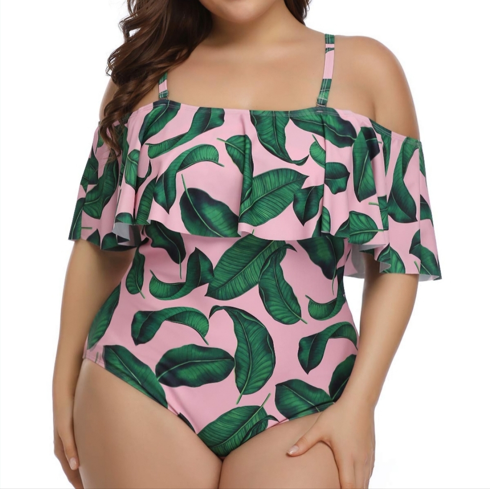 Tempt Me Pink and Green Leaf Print Swimsuit Nwt L